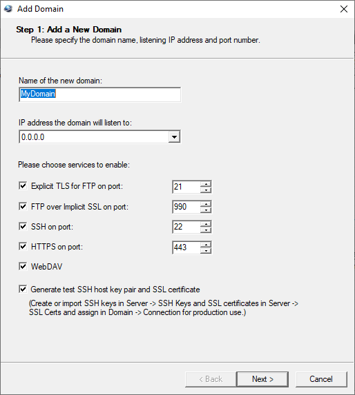 Add Domain Wizard menu selection in TurboFTP Server