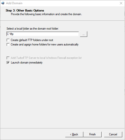 Setting the domain root folder path in the Add Domain Wizard