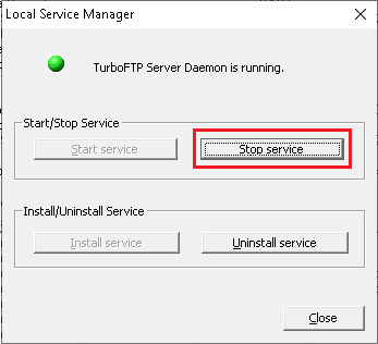 TurboFTP Local Service Manager showing the service status