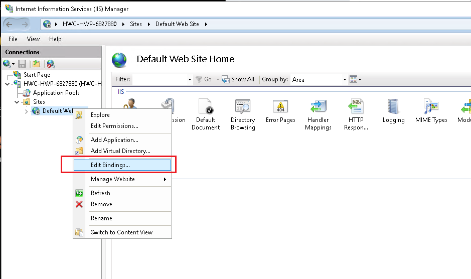 IIS Manager Edit Bindings menu option