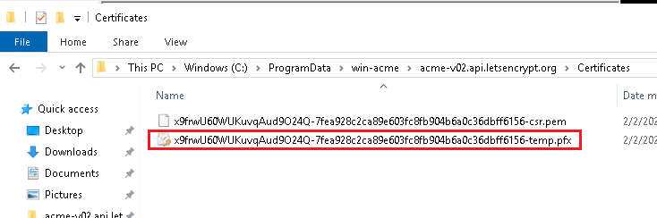 Locating the .PFX certificate file in the file browser