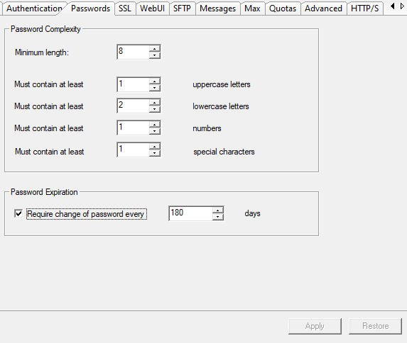 FTP SFTP domain password policy
settings